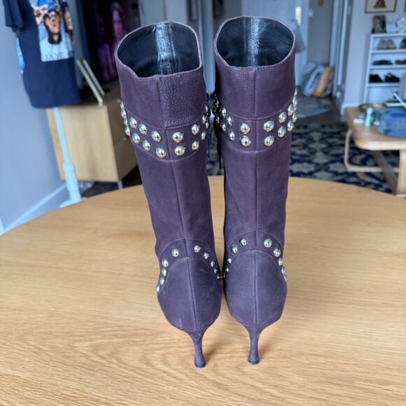 Manolo Blahnik Nenbiemi Brown Nubuck Leather Boots w/Silver Studs Size 38.5 US 8 - Picture 11 of 13